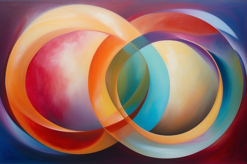 Abstract painting of two overlapping circles in warm orange-red and cool blue-teal tones against a deep purple background